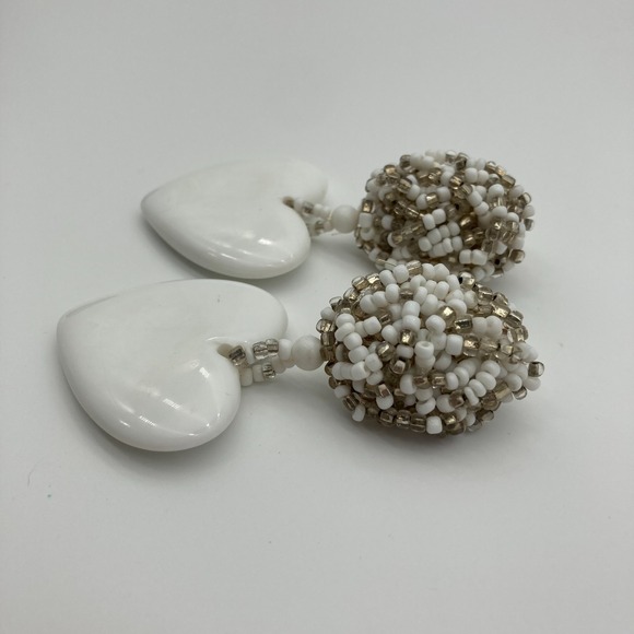 Vintage White Heart Dangle Earrings Pierced Beaded Top Lightweight 90s Boho - Picture 5 of 9